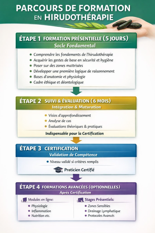 parcours de formation en plusieurs étape avec formation en présentiel en petits groupes puis accompagnement individuel sur 6 mois puis examen pour devenir un praticien certifié